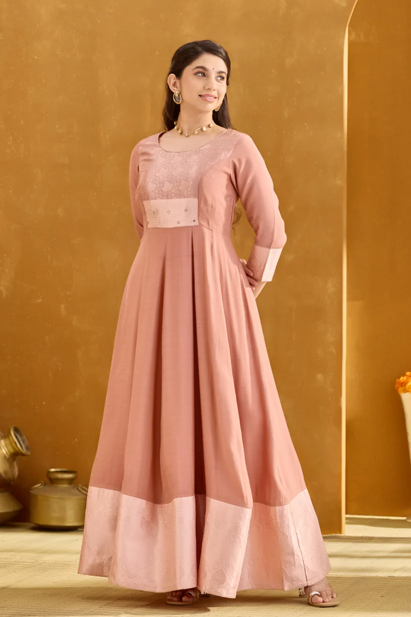 Peach Anarkali Dress with Brocade Work for Women
